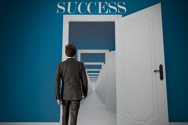 Job seeker walking through open doors to success